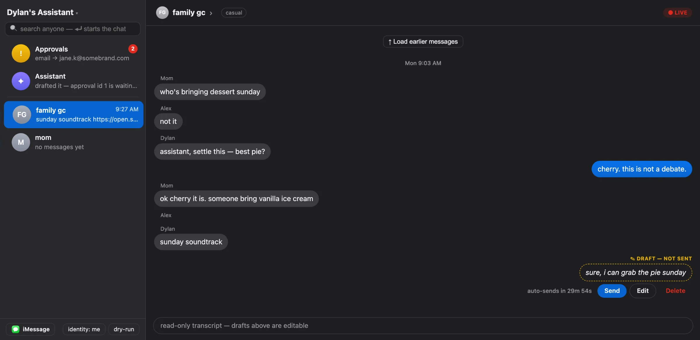 The dashboard: a conversation sidebar on the left, a chat thread in the middle with a pending draft and its approve and deny buttons, and an activity feed.